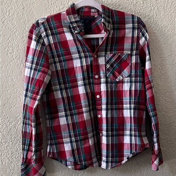 Ralph Ralph Lauren RED Button Down Shirt Women’s Medium Plaid - Picture 3 of 9